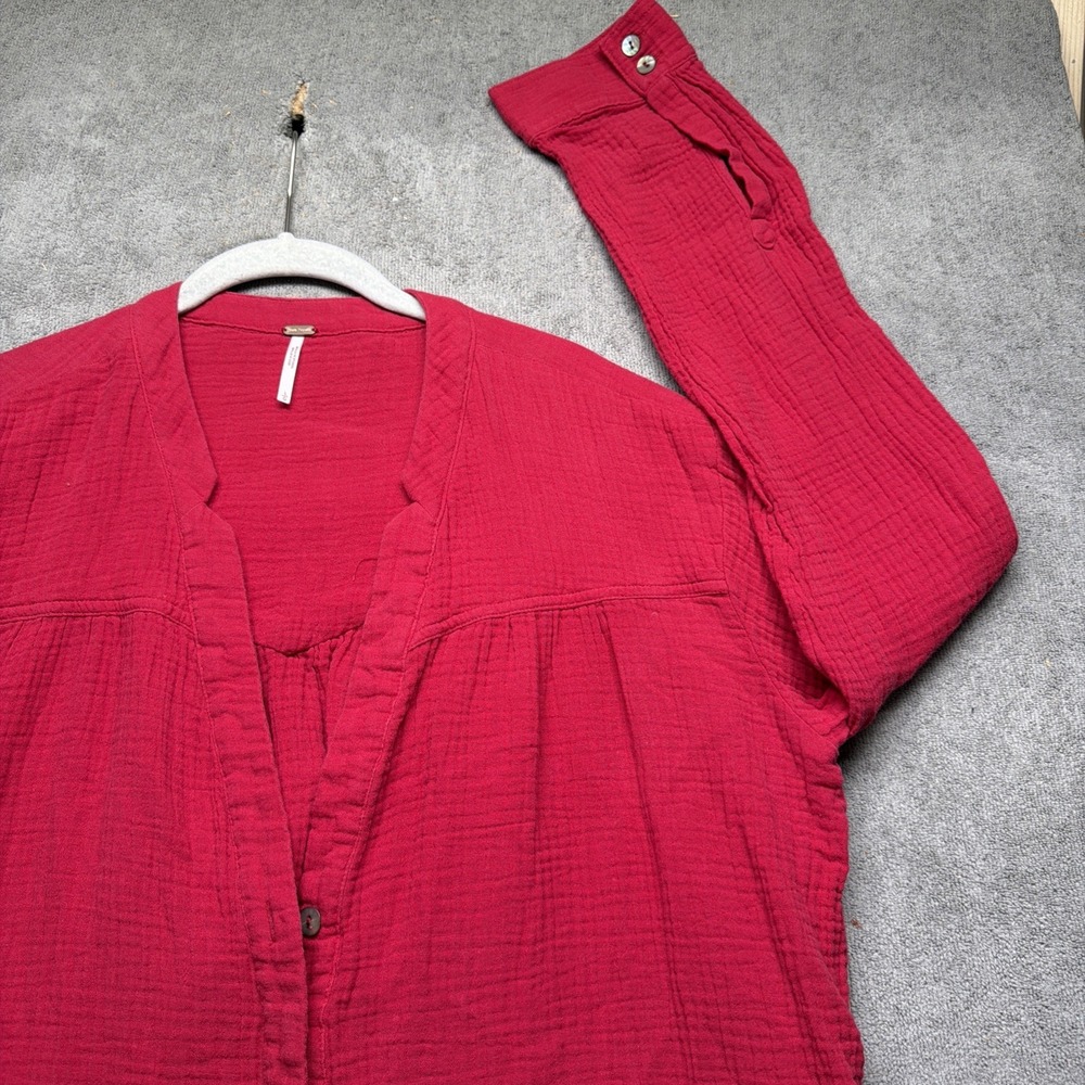 Free People Red Boho Button Front Top Long Sleeve Peplum Blouse Large